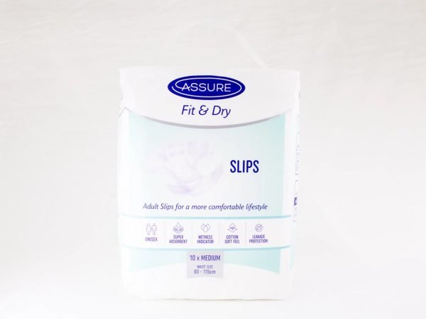 Assure Fit & Dry - Adult Slips Medium 10 pcs Waist 80-115 cm, product pack