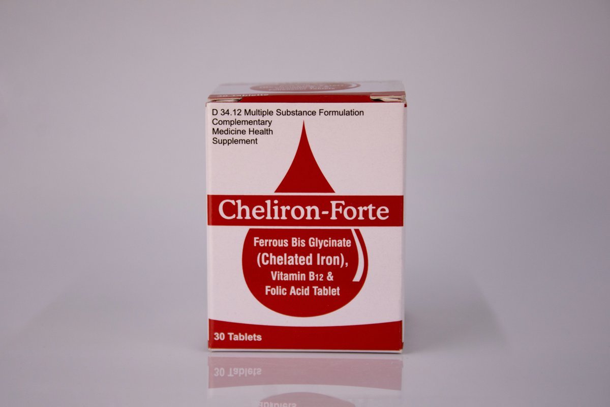 Cheliron-Forte - Ferrous Bis Glycinate, Vitamin B12 & Folic Acid 30 tablets, product pack