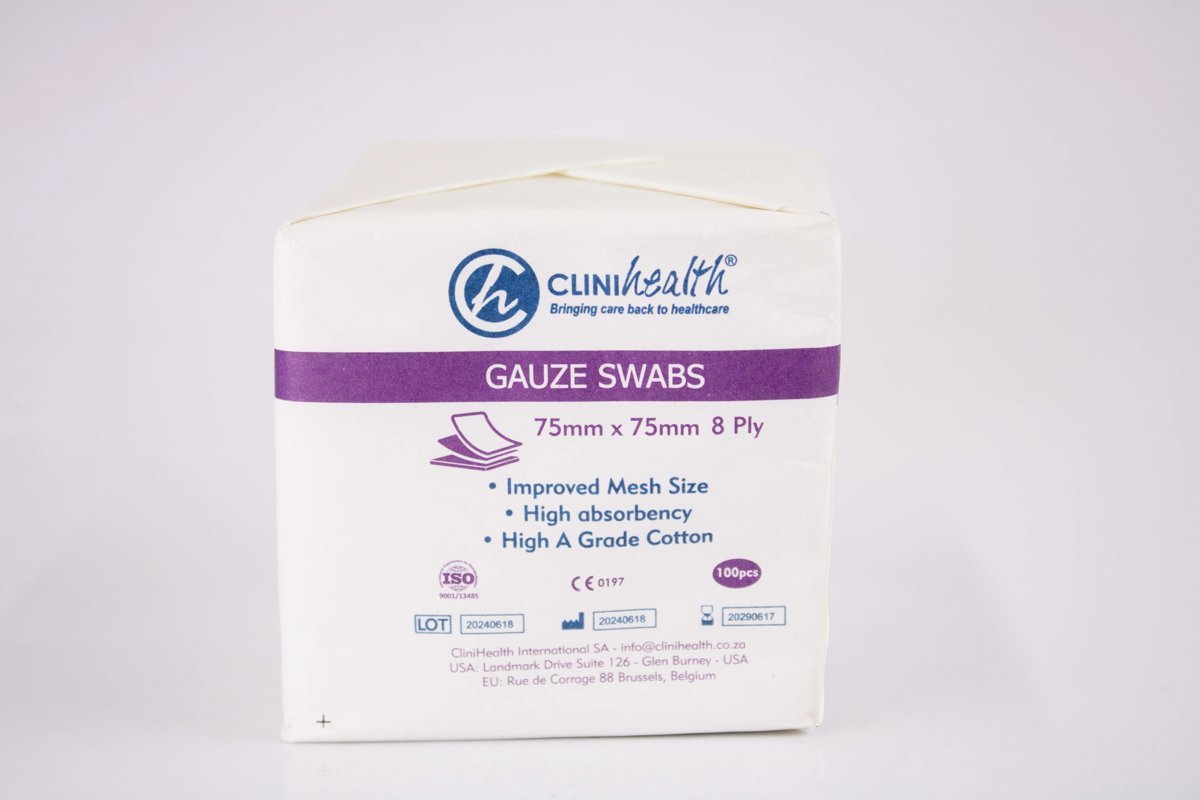 CLINIhealth - Gauze Swabs 75mm x 75mm 8 Ply 100pcs, product pack