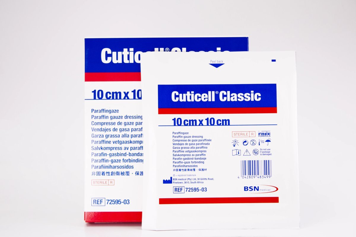 Cuticell Classic - Paraffin Gauze Dressing 10cm x 10cm, product pack