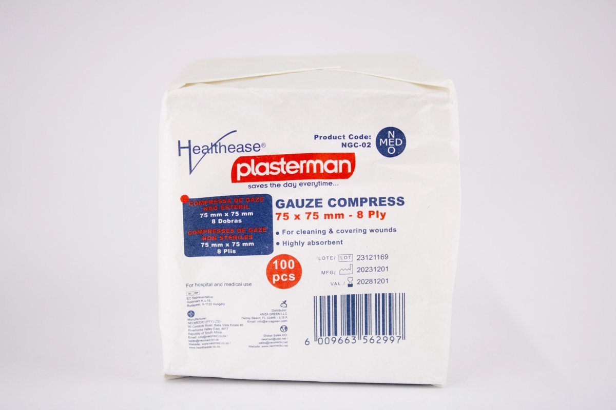 HealtEase plasterman - Gauze Compress 75mm x 75mm 8 Ply 100pcs, product pack