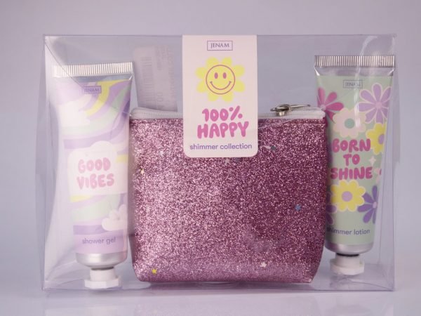 Jenam 100% Happy - Shower Gel + Shimmer Lotion + Cosmetic Bag, product pack