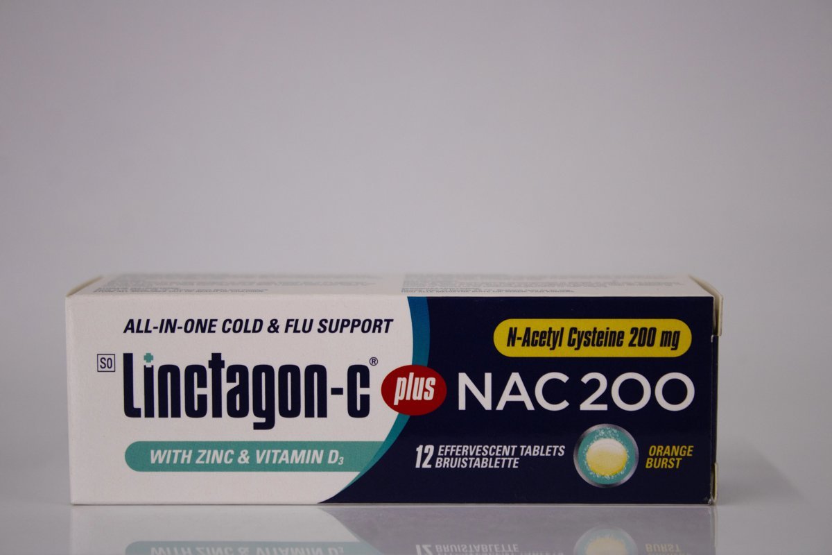 Linctagon-C Plus NAC 200 - Cold & Flu N-Acetyl Cysterine 200mg 12 tablets, product pack