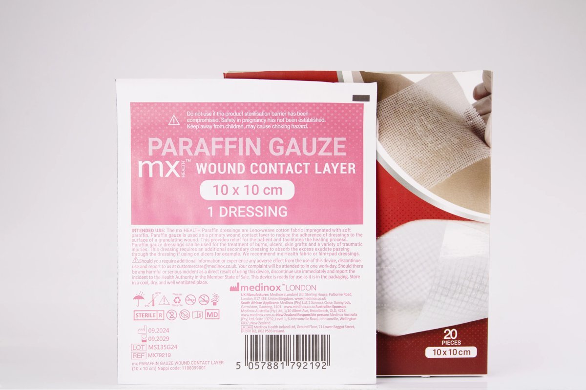 mx Health - Paraffin Gauze Wound Contact Layer 10 x 10cm, product pack