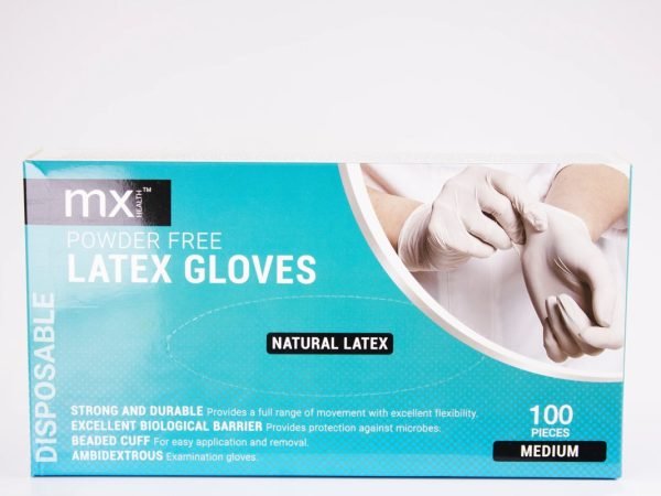 mx Health - Powder Free Latex Gloves Natural Latex Medium 100 pcs, product pack