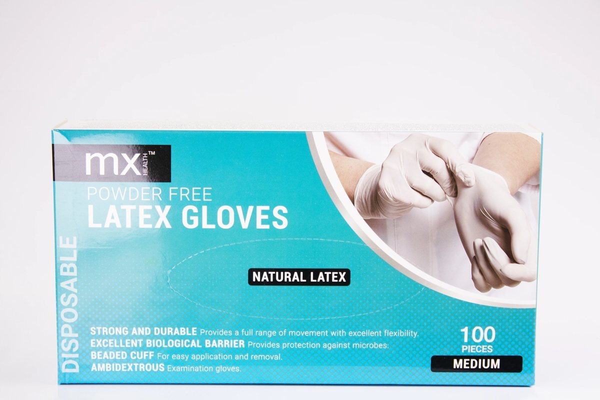 mx Health - Powder Free Latex Gloves Natural Latex Medium 100 pcs, product pack