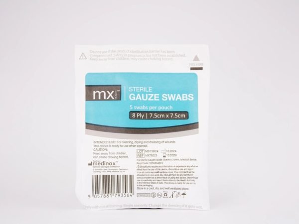 mx Health - Sterile Gauze Swabs 8 Ply 7.5x7.5cm 5 pcs, product pack