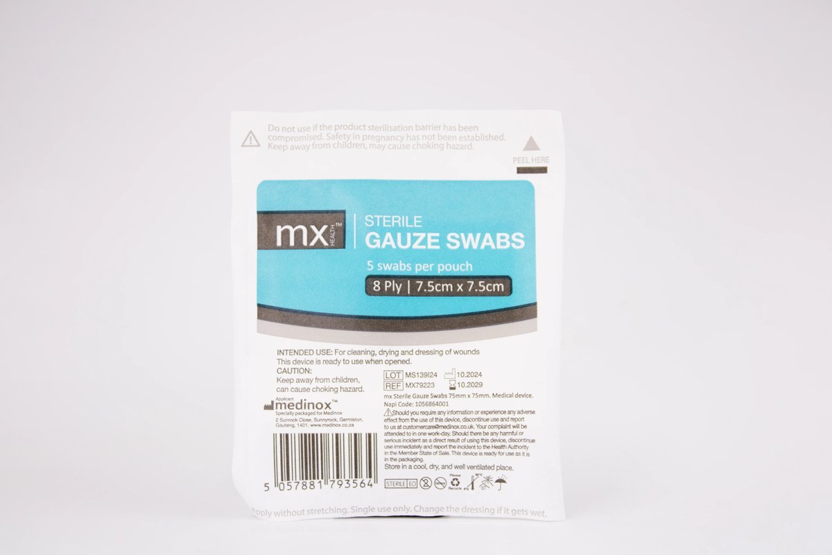 mx Health - Sterile Gauze Swabs 8 Ply 7.5x7.5cm 5 pcs, product pack