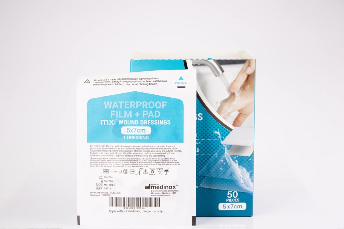 mx Health - Waterproof Wound Dressing Film + Pad 5x7cm, product pack