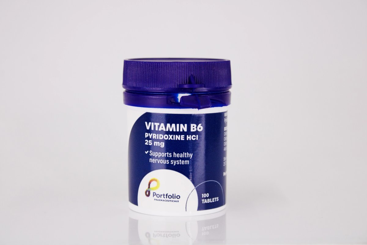 Portfolio pharmaceutical - Vitamin B6 Pyridoxine HCl 25 mg 100 tablets, product pack